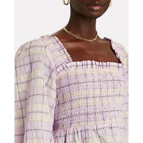 💕GANNI💕 Smocked Seersucker Plaid Top ~ Orchid Bloom Checked Print 44 EU NWT - Picture 5 of 16
